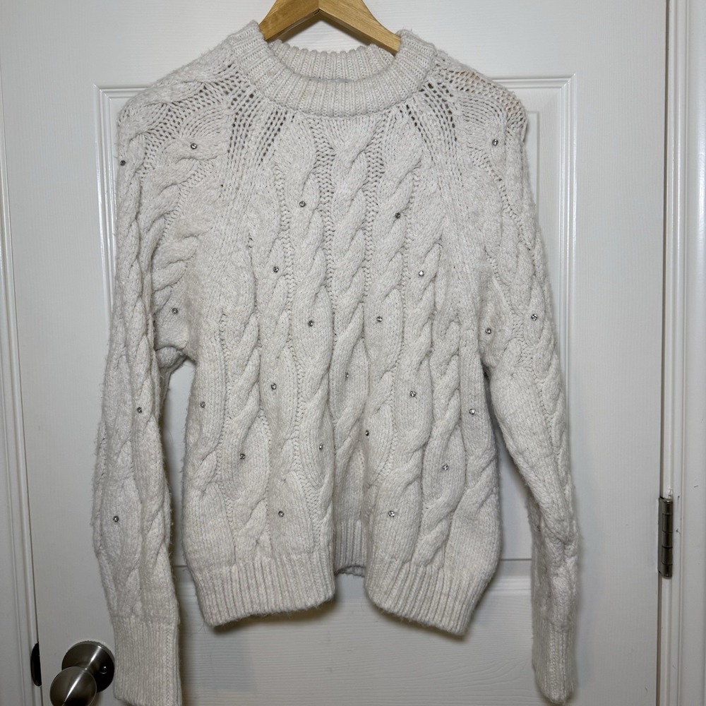 ZARA Sweater Cable Knit With Rhinestones Crew Neck Medium - Picture 4 of 10